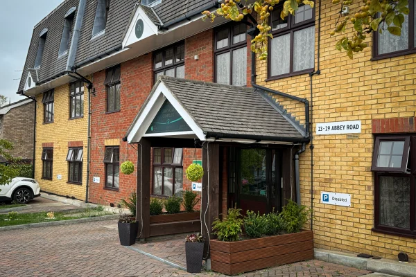 The grand Tudor-style exterior of Abbey Care Complex in Newbury Park, Ilford, Essex